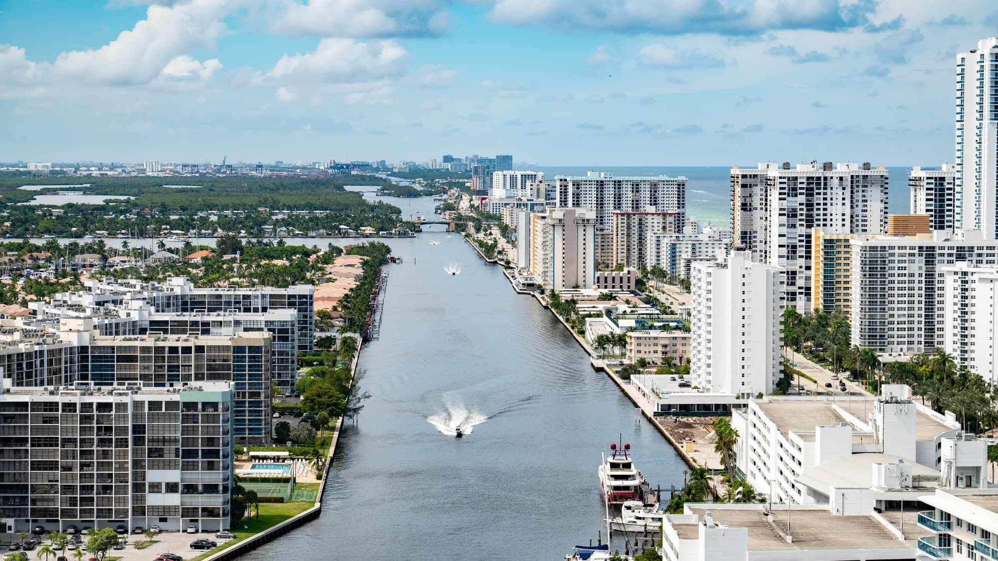 The Intracoastal Waterway between high-rise buildings at Hollywood, Florida, from above