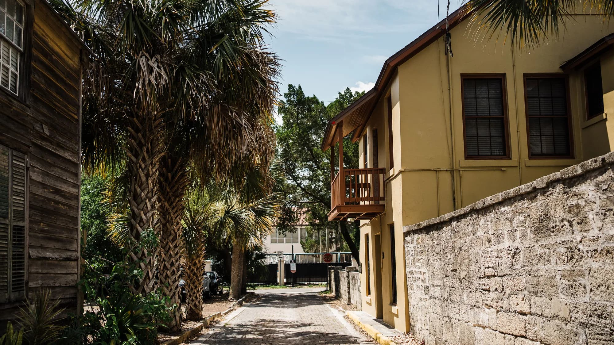 A palm-shaded lane between historic buildings in St. Augustine, Florida