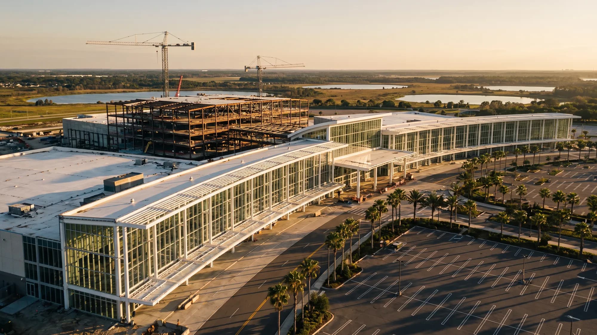 A convention center concourse under construction on flat Florida land