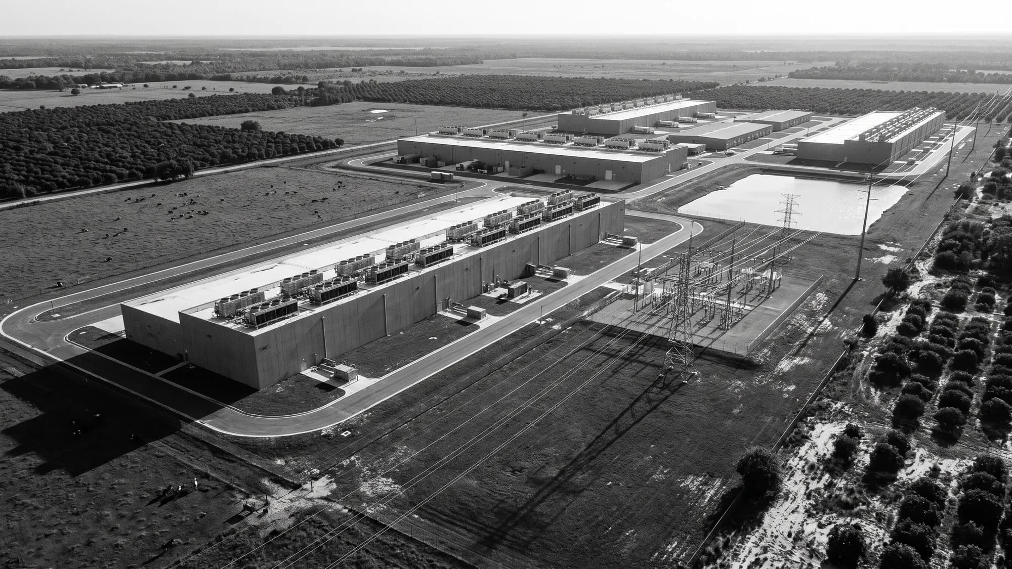 A large data center campus on rural Florida farmland, with its own electrical substation
