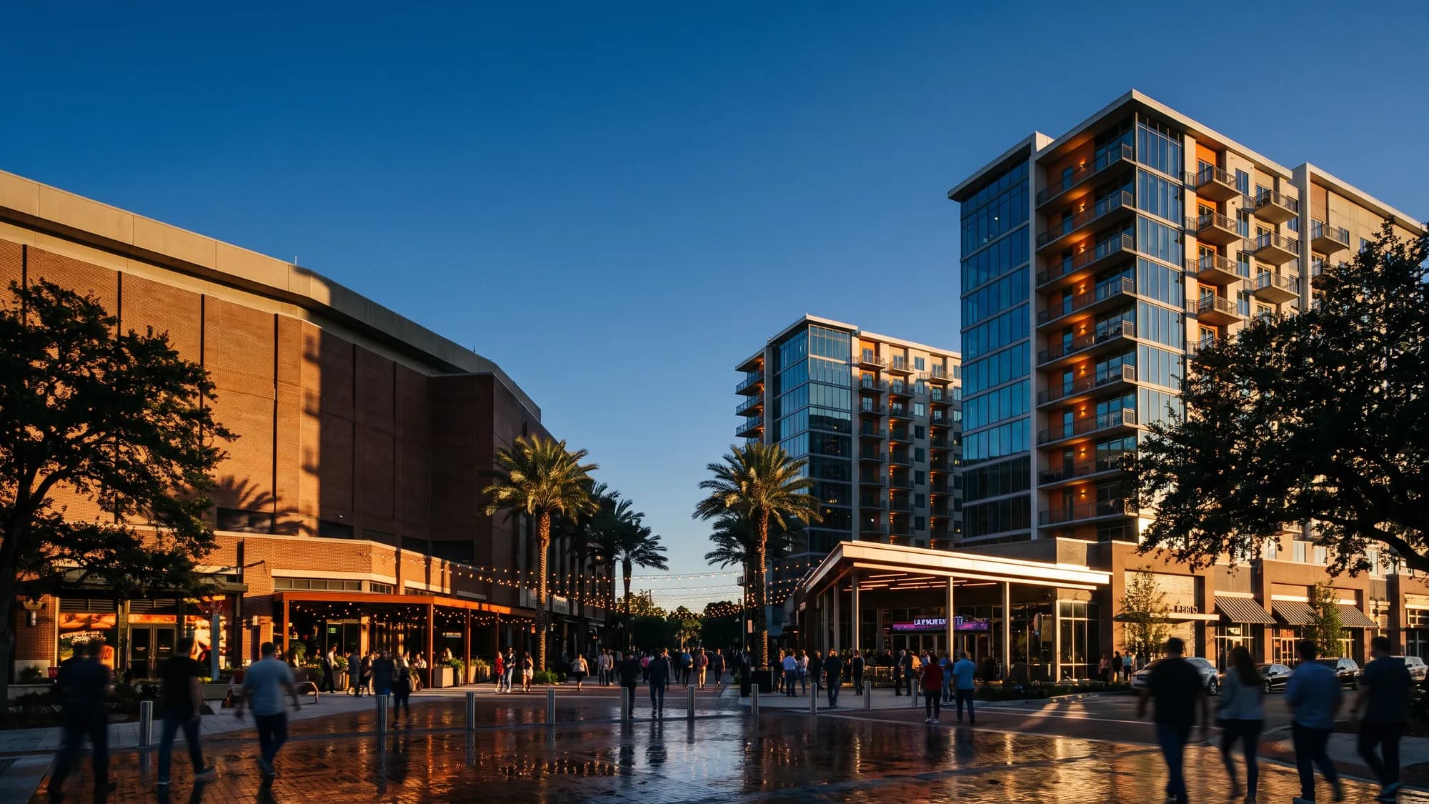 A downtown sports and entertainment district of the type described, at dusk