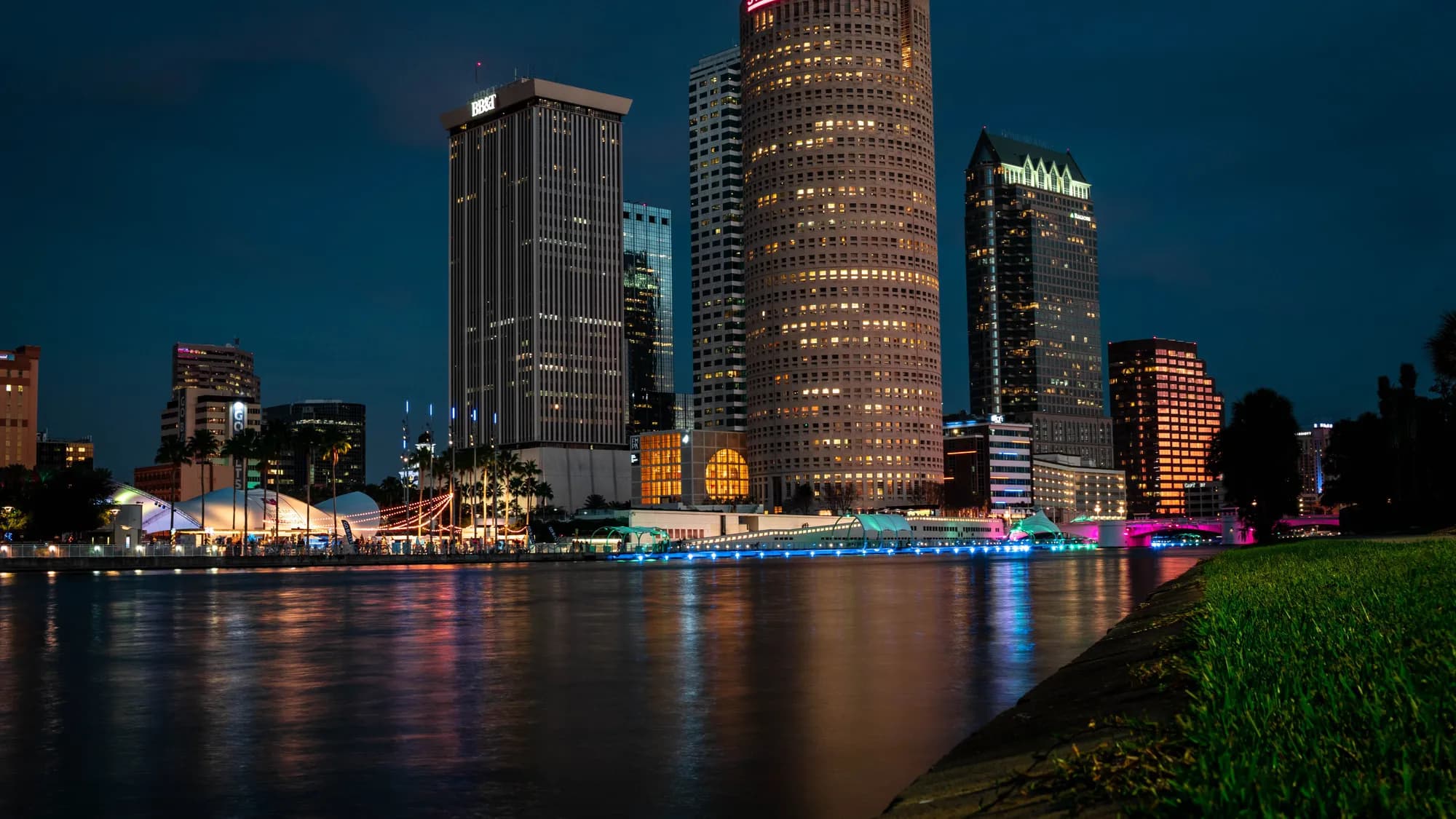 The Tampa skyline reflected on the river at dusk, Florida