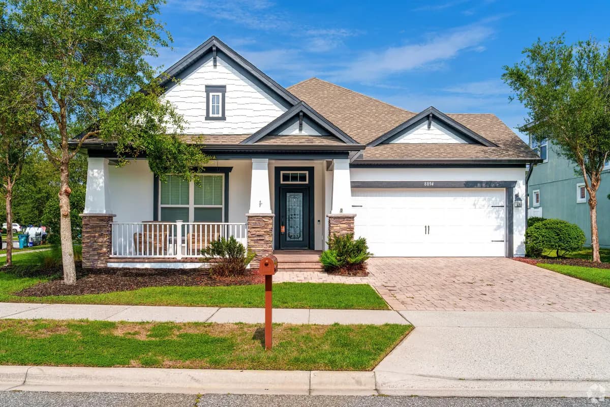 Homes with vibrant colors and stone accents in Randal Park, south Orlando