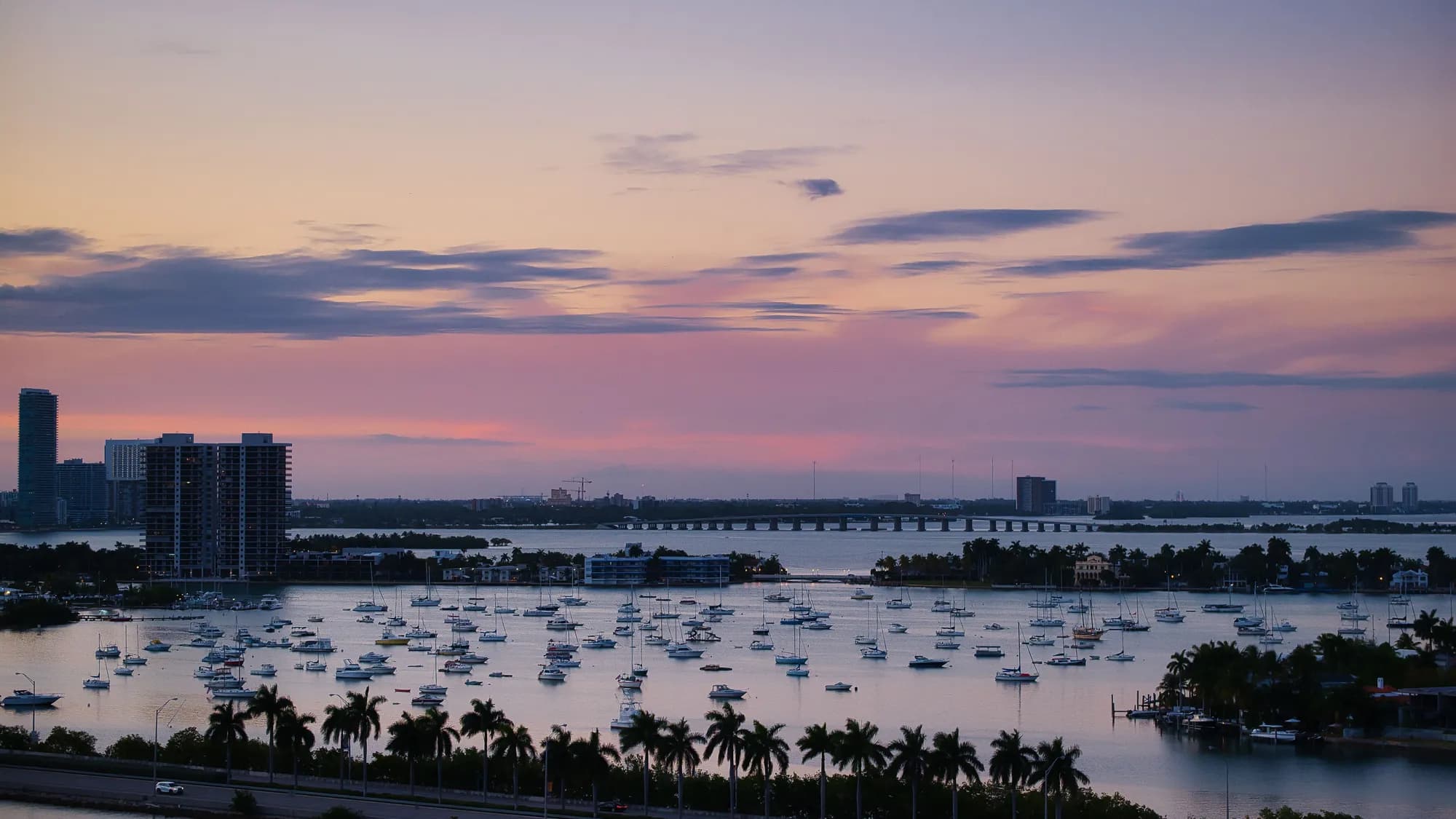 Miami harbour and the skyline at twilight, Florida
