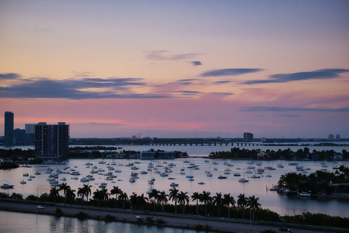 Miami harbour and the skyline at twilight, Florida