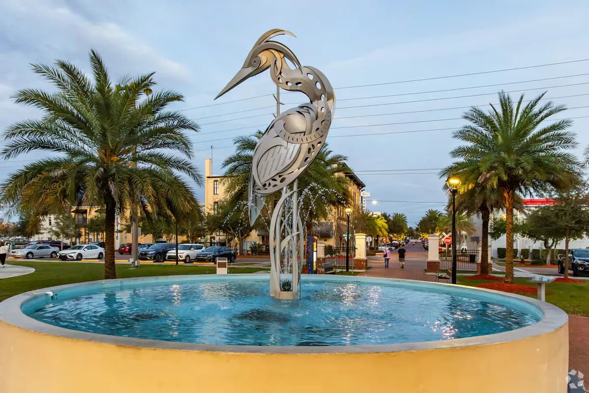 Blue heron and waterfall in Eustis, Florida