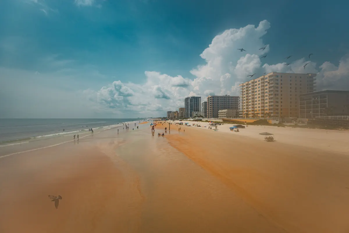 The shore and beachfront hotels at Daytona Beach, Florida, from above