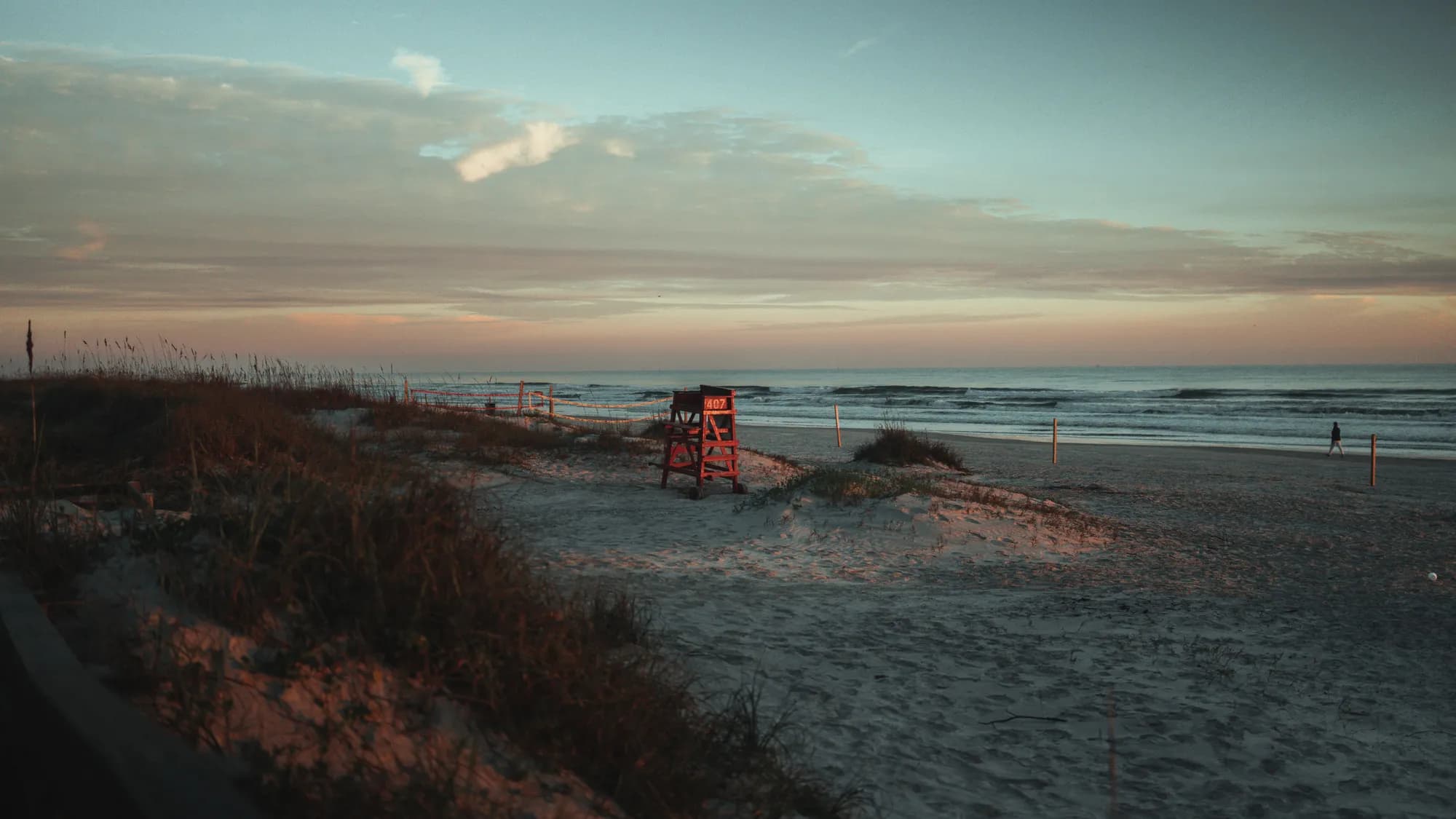 A lifeguard tower on a quiet stretch of Florida beach